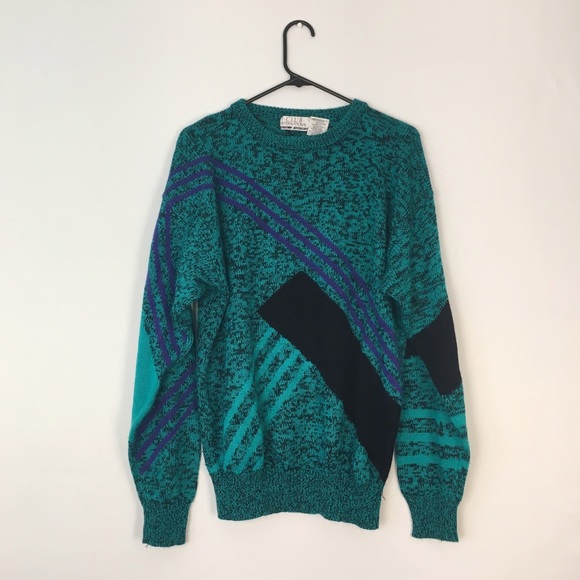 Vintage Sweaters - Vintage Teal Pattern Sweater Black Purple XL